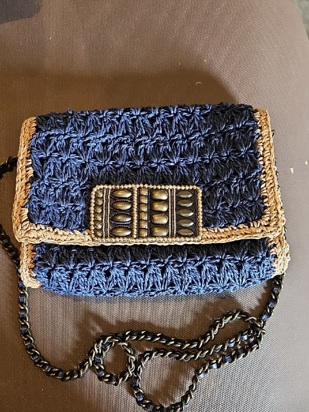 Brighton Navy Crochet Crossbody with Tan Trim and Beaded Accent